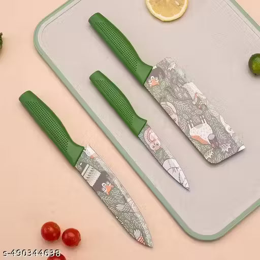 Printed Stainless Steel Kitchen Knife Set with Non-Slip Handle, Antibacterial Multi Colors -Printed Non-Stick Coating, Paring Knife (Pack of 3)(GREEN)