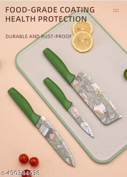 Printed Stainless Steel Kitchen Knife Set with Non-Slip Handle, Antibacterial Multi Colors -Printed Non-Stick Coating, Paring Knife (Pack of 3)(GREEN)