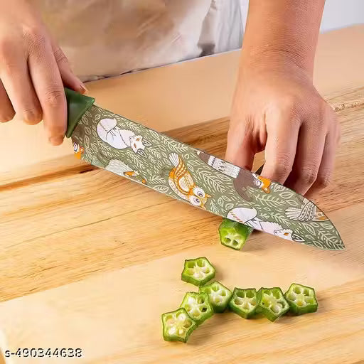 Printed Stainless Steel Kitchen Knife Set with Non-Slip Handle, Antibacterial Multi Colors -Printed Non-Stick Coating, Paring Knife (Pack of 3)(GREEN)